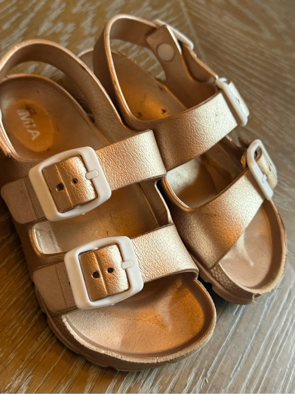 MIA Kids Metallic Rose Gold Double-Buckle Sandals with White Buckles